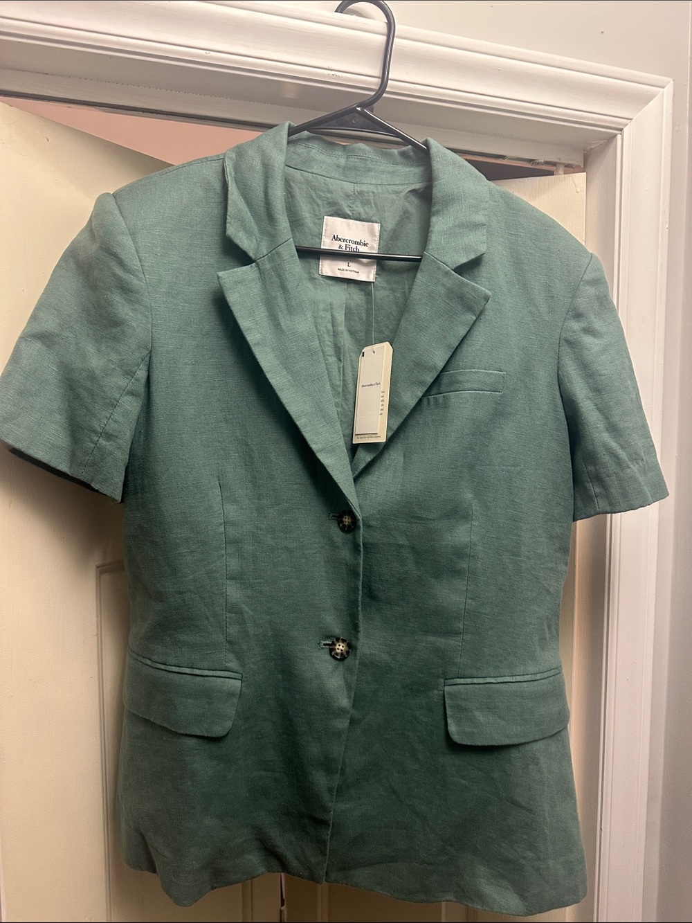 Abercrombie & Fitch Short-Sleeve Linen Blazer in Green